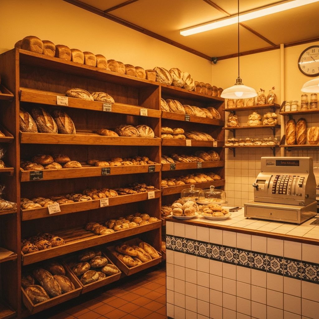 Inside Patrick's Hot Bread bakery in Guildford — warm shelves lined with fresh bread and pastries